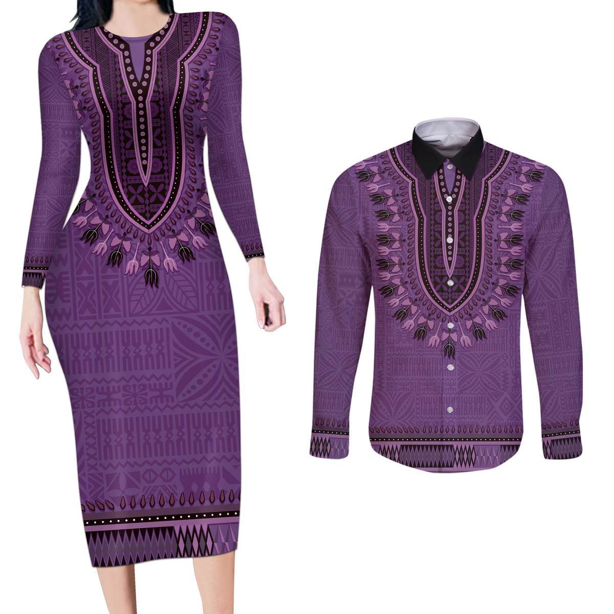 Purple African Dashiki With Fijian Tapa Pattern Couples Matching Long Sleeve Bodycon Dress and Long Sleeve Button Shirt LT14 Purple - Polynesian Pride