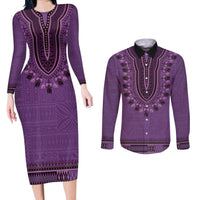 Purple African Dashiki With Fijian Tapa Pattern Couples Matching Long Sleeve Bodycon Dress and Long Sleeve Button Shirt LT14 Purple - Polynesian Pride