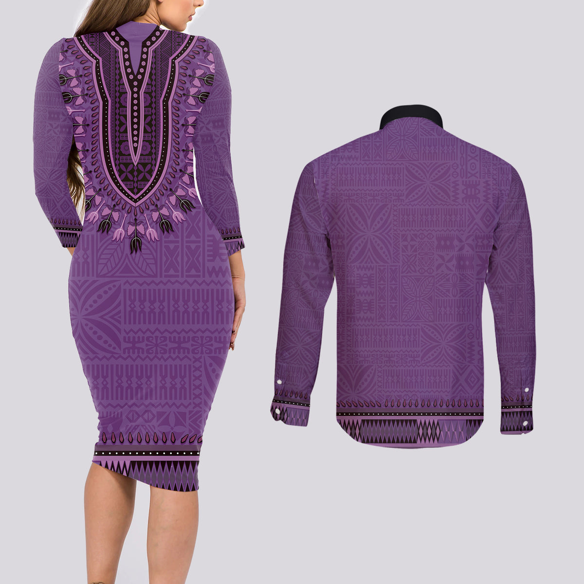Purple African Dashiki With Fijian Tapa Pattern Couples Matching Long Sleeve Bodycon Dress and Long Sleeve Button Shirt LT14 - Polynesian Pride