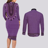 Purple African Dashiki With Fijian Tapa Pattern Couples Matching Long Sleeve Bodycon Dress and Long Sleeve Button Shirt LT14 - Polynesian Pride