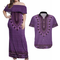 Purple African Dashiki With Fijian Tapa Pattern Couples Matching Off Shoulder Maxi Dress and Hawaiian Shirt LT14 Purple - Polynesian Pride