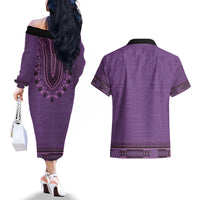 Purple African Dashiki With Fijian Tapa Pattern Couples Matching Off The Shoulder Long Sleeve Dress and Hawaiian Shirt LT14 - Polynesian Pride