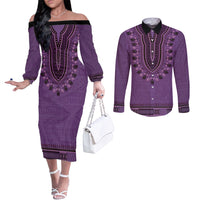Purple African Dashiki With Fijian Tapa Pattern Couples Matching Off The Shoulder Long Sleeve Dress and Long Sleeve Button Shirt LT14 Purple - Polynesian Pride