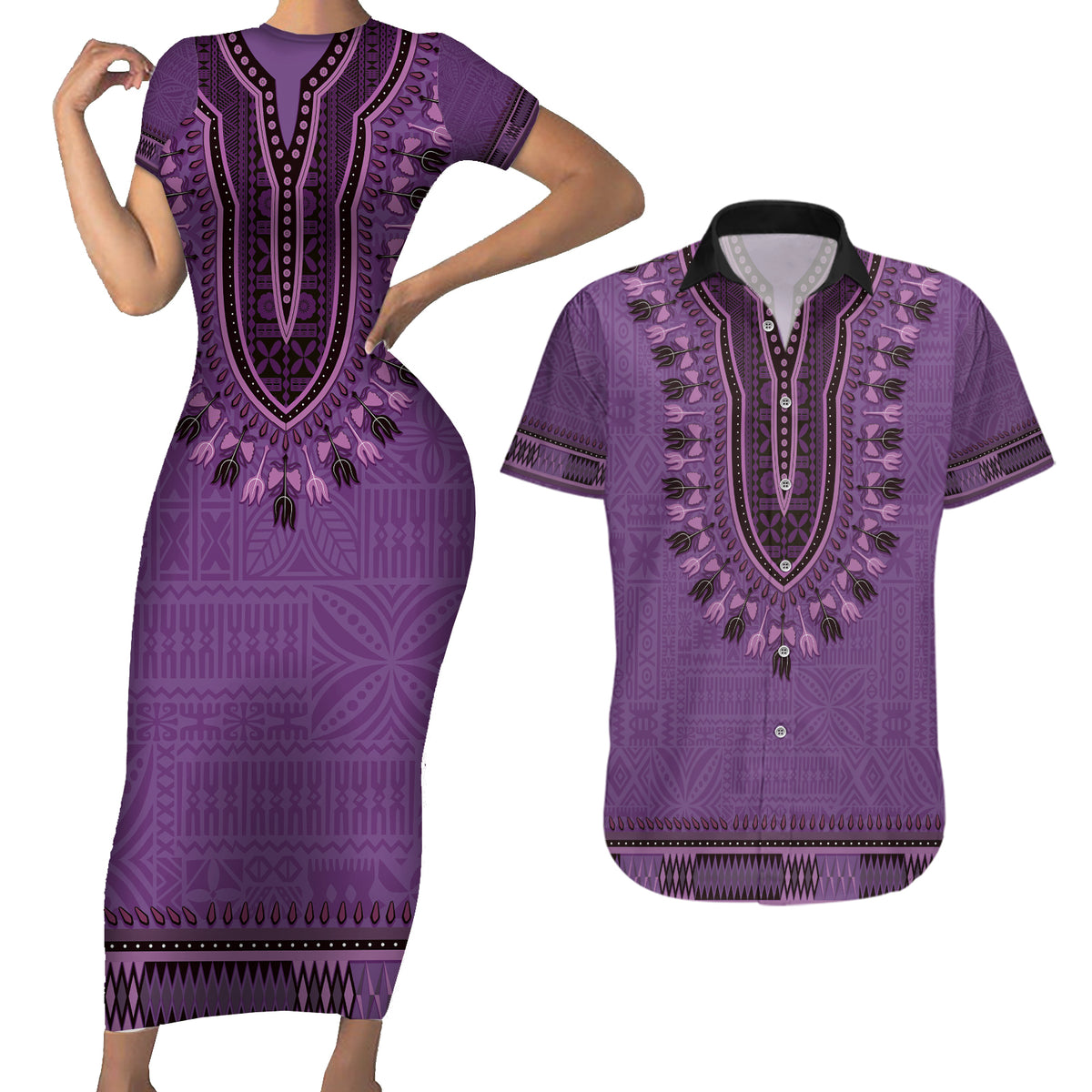 Purple African Dashiki With Fijian Tapa Pattern Couples Matching Short Sleeve Bodycon Dress and Hawaiian Shirt LT14 Purple - Polynesian Pride