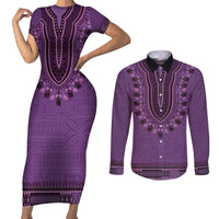 Purple African Dashiki With Fijian Tapa Pattern Couples Matching Short Sleeve Bodycon Dress and Long Sleeve Button Shirt LT14 Purple - Polynesian Pride