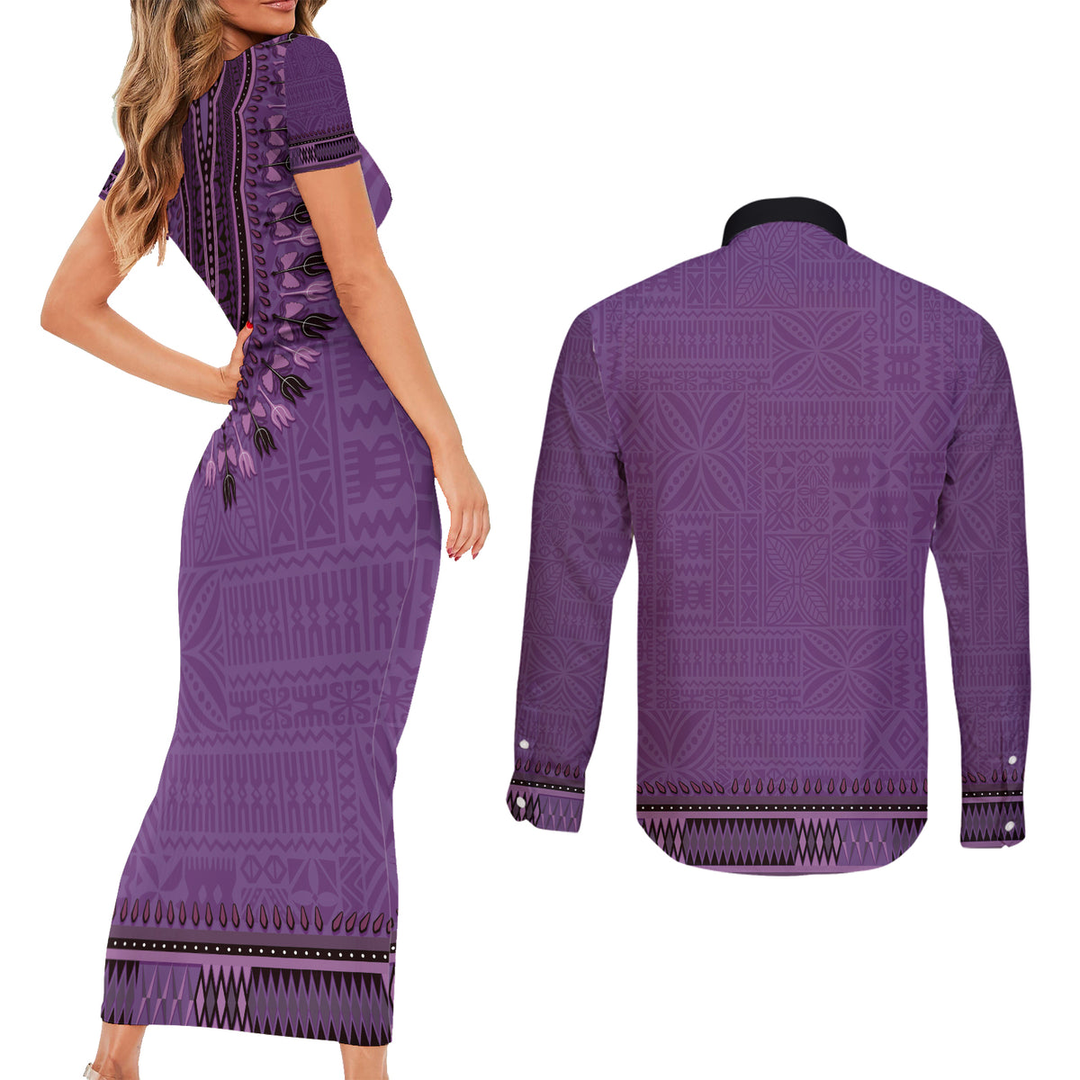 Purple African Dashiki With Fijian Tapa Pattern Couples Matching Short Sleeve Bodycon Dress and Long Sleeve Button Shirt LT14 - Polynesian Pride