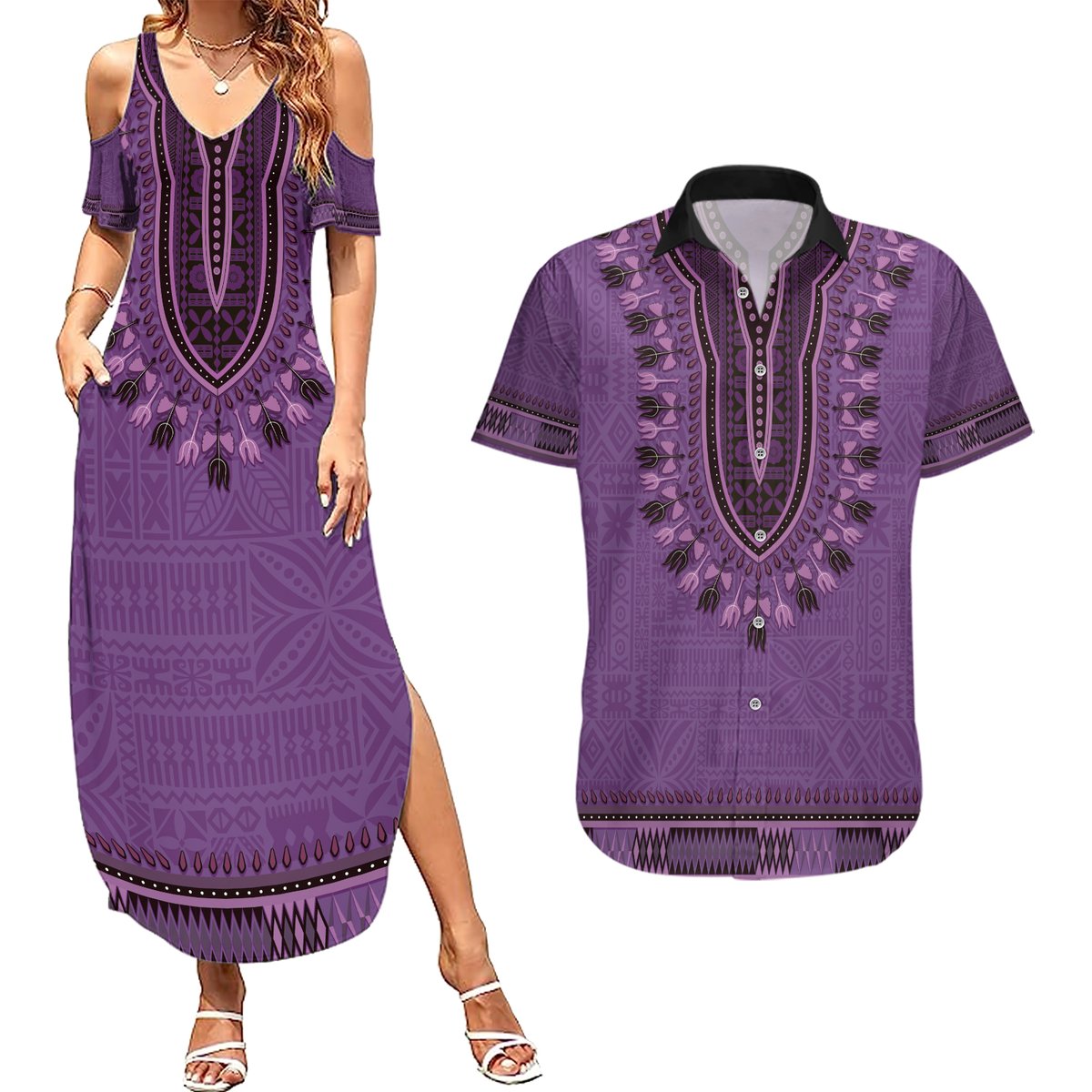 Purple African Dashiki With Fijian Tapa Pattern Couples Matching Summer Maxi Dress and Hawaiian Shirt LT14 Purple - Polynesian Pride