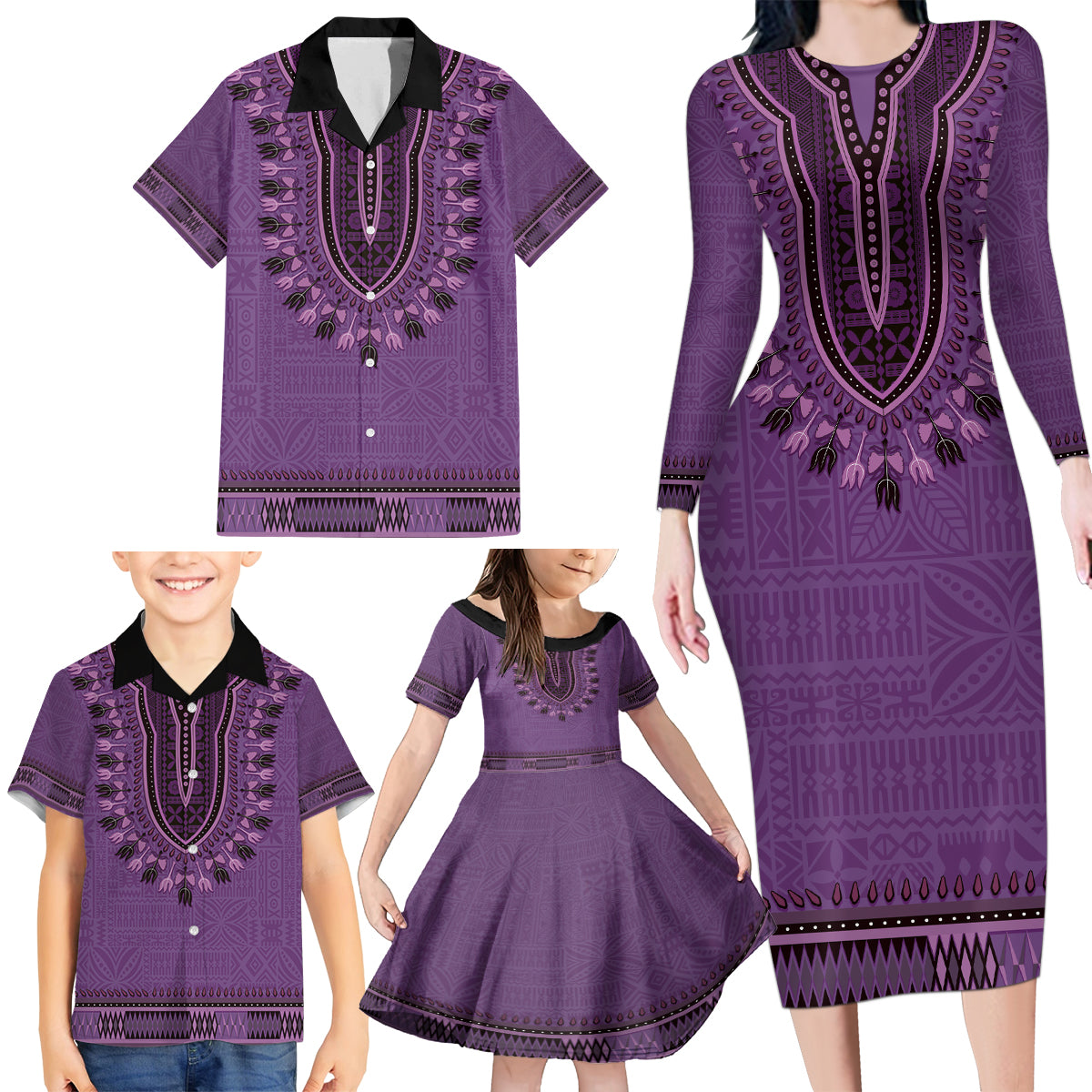 Purple African Dashiki With Fijian Tapa Pattern Family Matching Long Sleeve Bodycon Dress and Hawaiian Shirt LT14 - Polynesian Pride