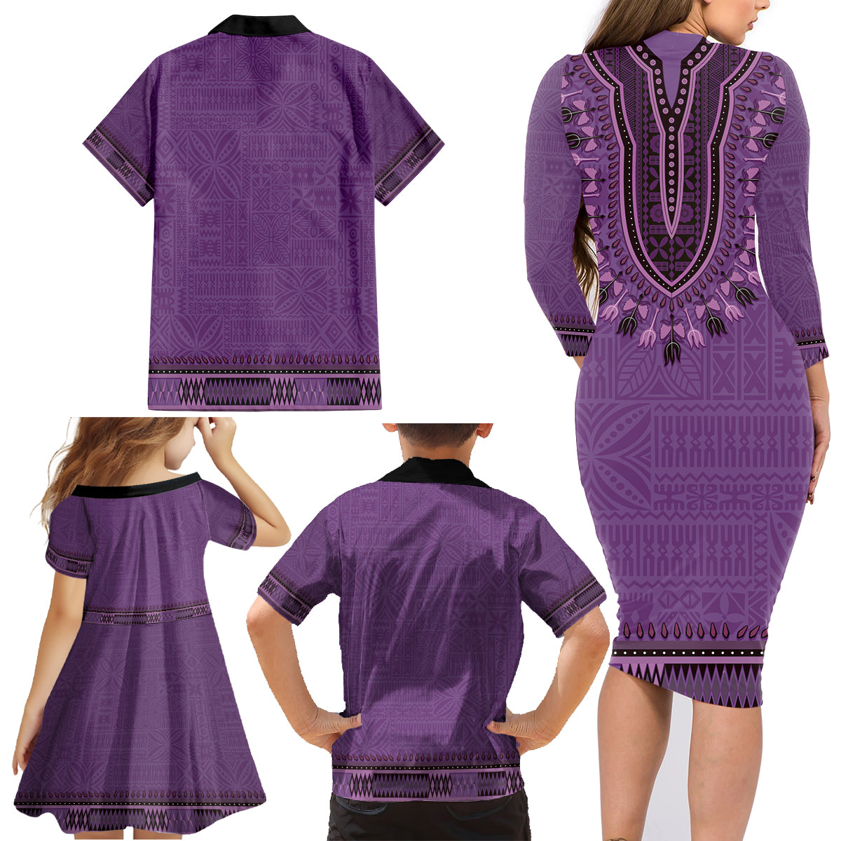 Purple African Dashiki With Fijian Tapa Pattern Family Matching Long Sleeve Bodycon Dress and Hawaiian Shirt LT14 - Polynesian Pride