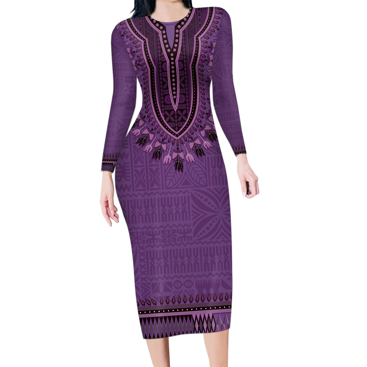 Purple African Dashiki With Fijian Tapa Pattern Family Matching Long Sleeve Bodycon Dress and Hawaiian Shirt LT14 Mom's Dress Purple - Polynesian Pride