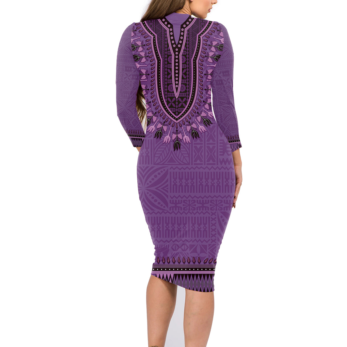 Purple African Dashiki With Fijian Tapa Pattern Family Matching Long Sleeve Bodycon Dress and Hawaiian Shirt LT14 - Polynesian Pride