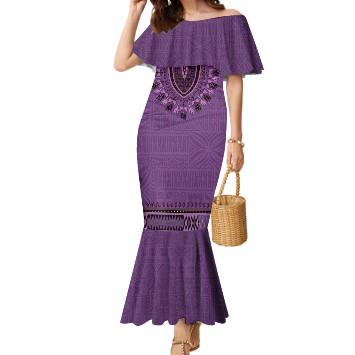 Purple African Dashiki With Fijian Tapa Pattern Family Matching Mermaid Dress and Hawaiian Shirt LT14 Mom's Dress Purple - Polynesian Pride