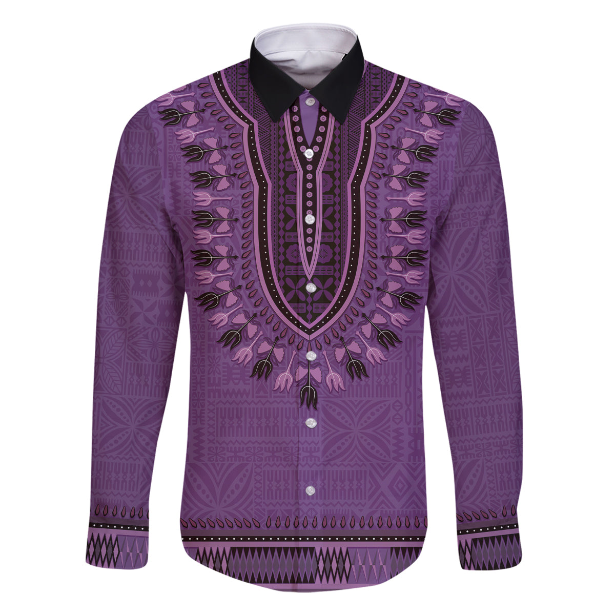 Purple African Dashiki With Fijian Tapa Pattern Family Matching Off The Shoulder Long Sleeve Dress and Hawaiian Shirt LT14 Dad's Shirt - Long Sleeve Purple - Polynesian Pride
