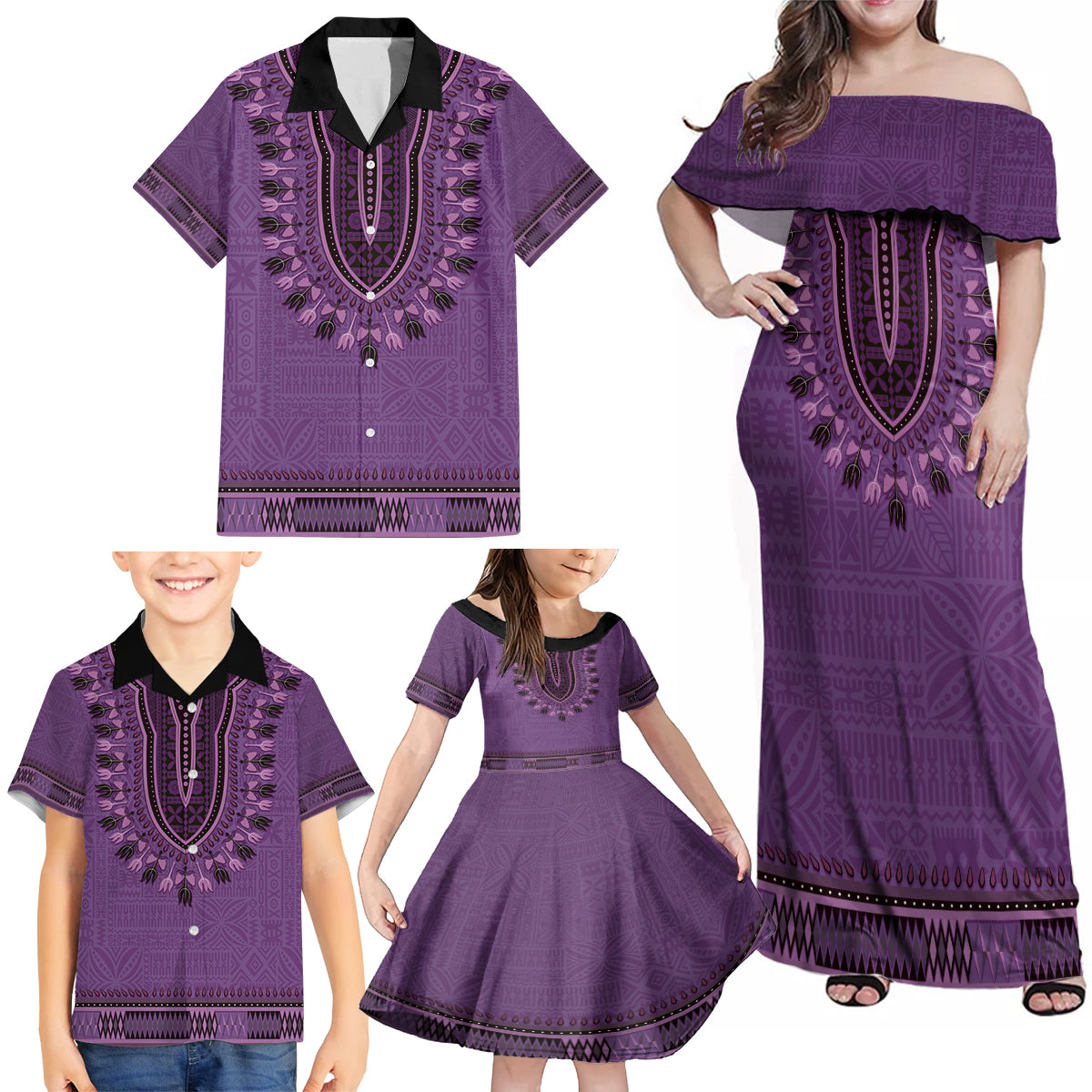 Purple African Dashiki With Fijian Tapa Pattern Family Matching Off Shoulder Maxi Dress and Hawaiian Shirt LT14 - Polynesian Pride