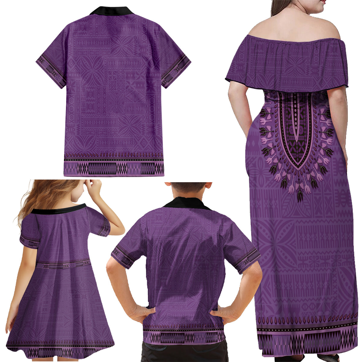 Purple African Dashiki With Fijian Tapa Pattern Family Matching Off Shoulder Maxi Dress and Hawaiian Shirt LT14 - Polynesian Pride