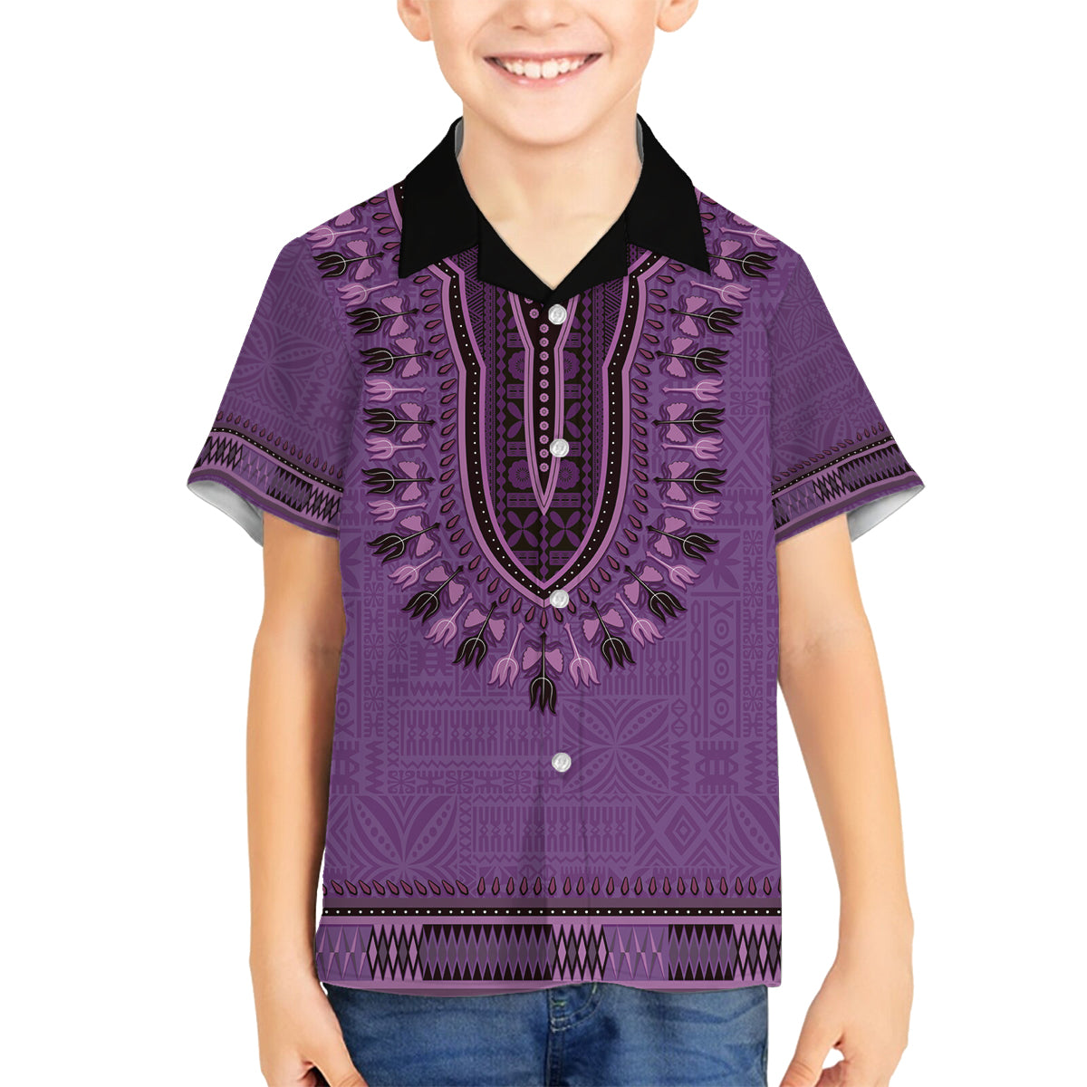 Purple African Dashiki With Fijian Tapa Pattern Family Matching Off Shoulder Short Dress and Hawaiian Shirt LT14 Son's Shirt Purple - Polynesian Pride