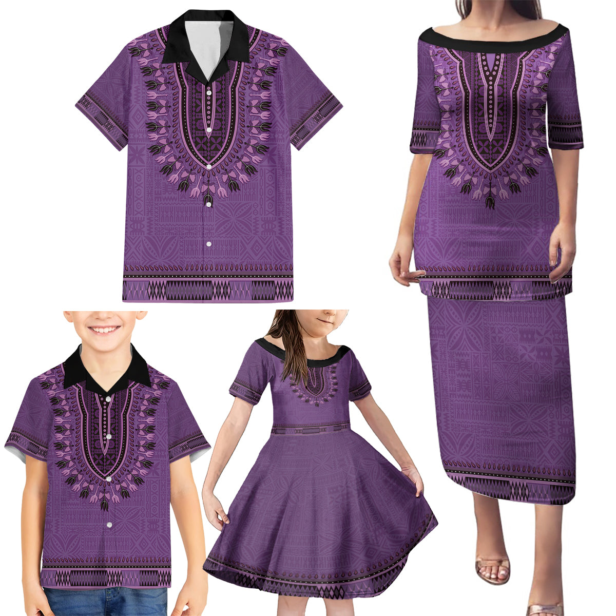 Purple African Dashiki With Fijian Tapa Pattern Family Matching Puletasi and Hawaiian Shirt LT14 - Polynesian Pride