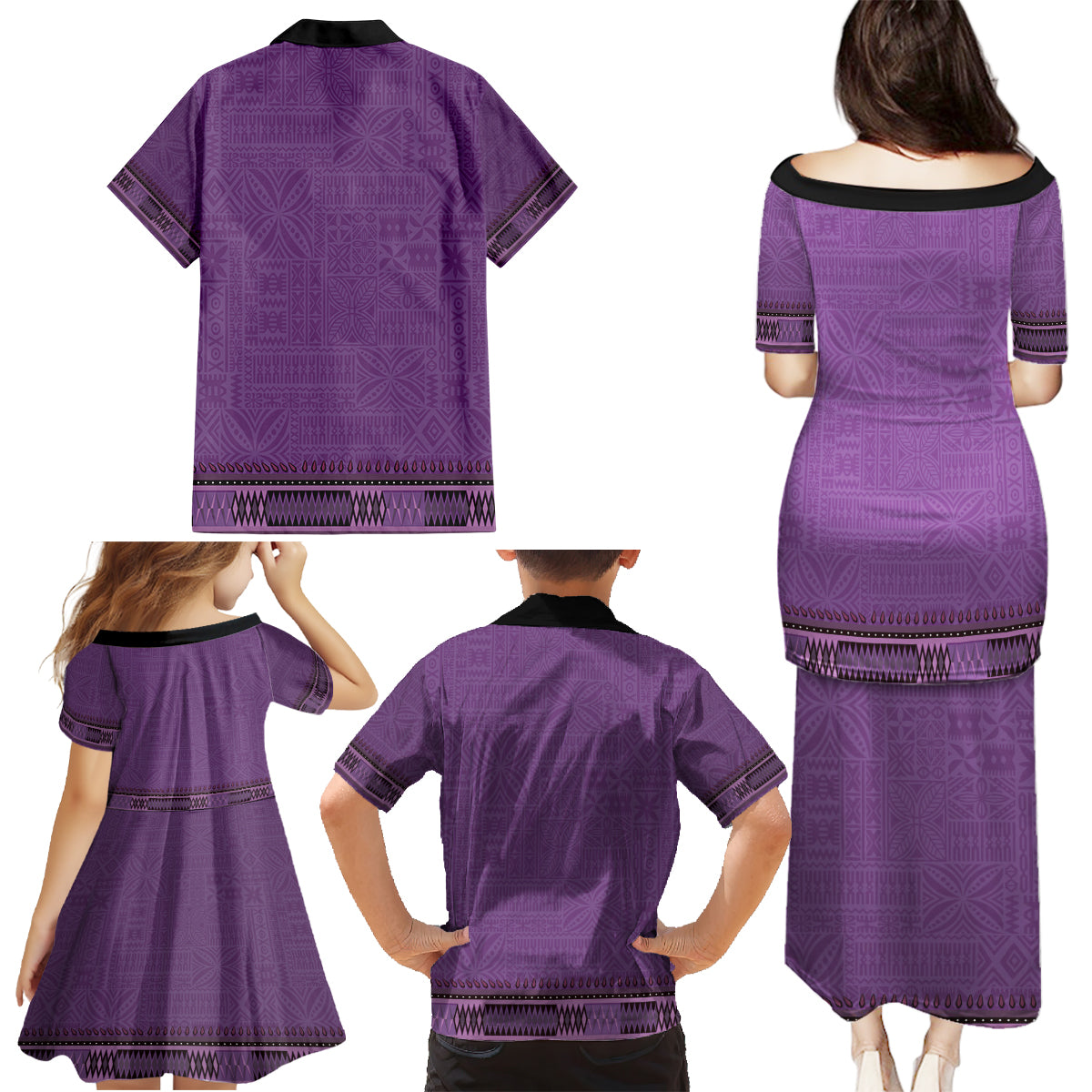 Purple African Dashiki With Fijian Tapa Pattern Family Matching Puletasi and Hawaiian Shirt LT14 - Polynesian Pride