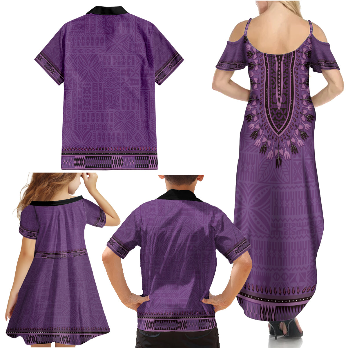 Purple African Dashiki With Fijian Tapa Pattern Family Matching Summer Maxi Dress and Hawaiian Shirt LT14 - Polynesian Pride