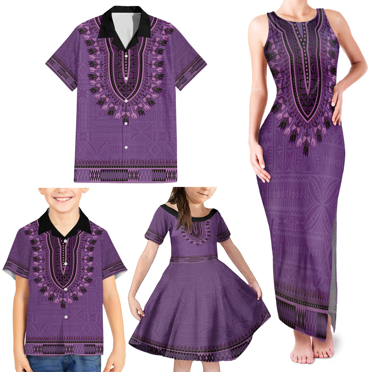 Purple African Dashiki With Fijian Tapa Pattern Family Matching Tank Maxi Dress and Hawaiian Shirt LT14 - Polynesian Pride