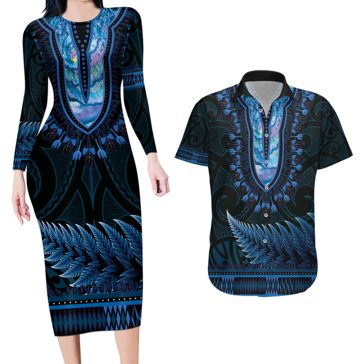 Blue African Dashiki With Aotearoa Maori Couples Matching Long Sleeve Bodycon Dress and Hawaiian Shirt Paua Shell Mix Silver Fern LT14 Blue - Polynesian Pride