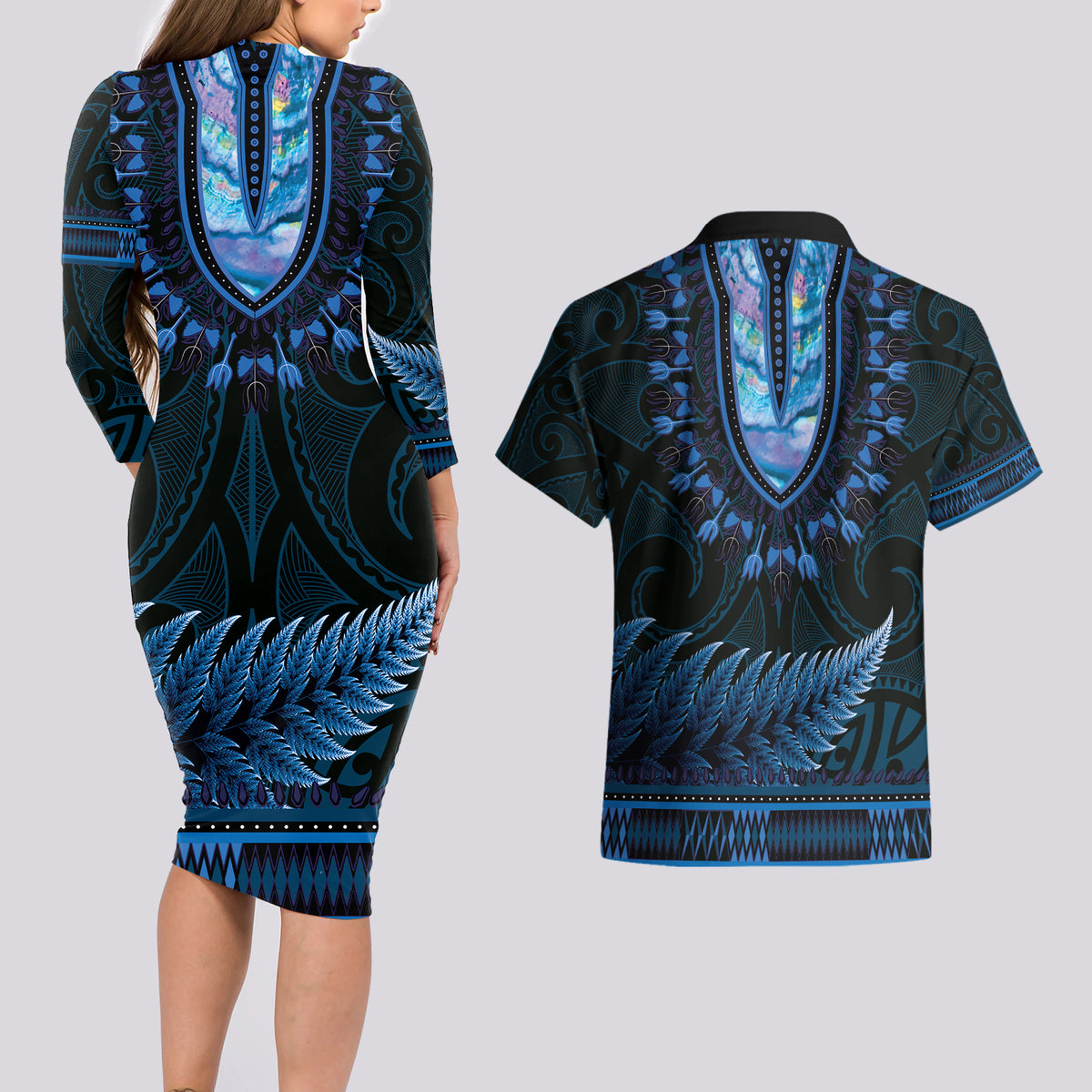 Blue African Dashiki With Aotearoa Maori Couples Matching Long Sleeve Bodycon Dress and Hawaiian Shirt Paua Shell Mix Silver Fern LT14 - Polynesian Pride