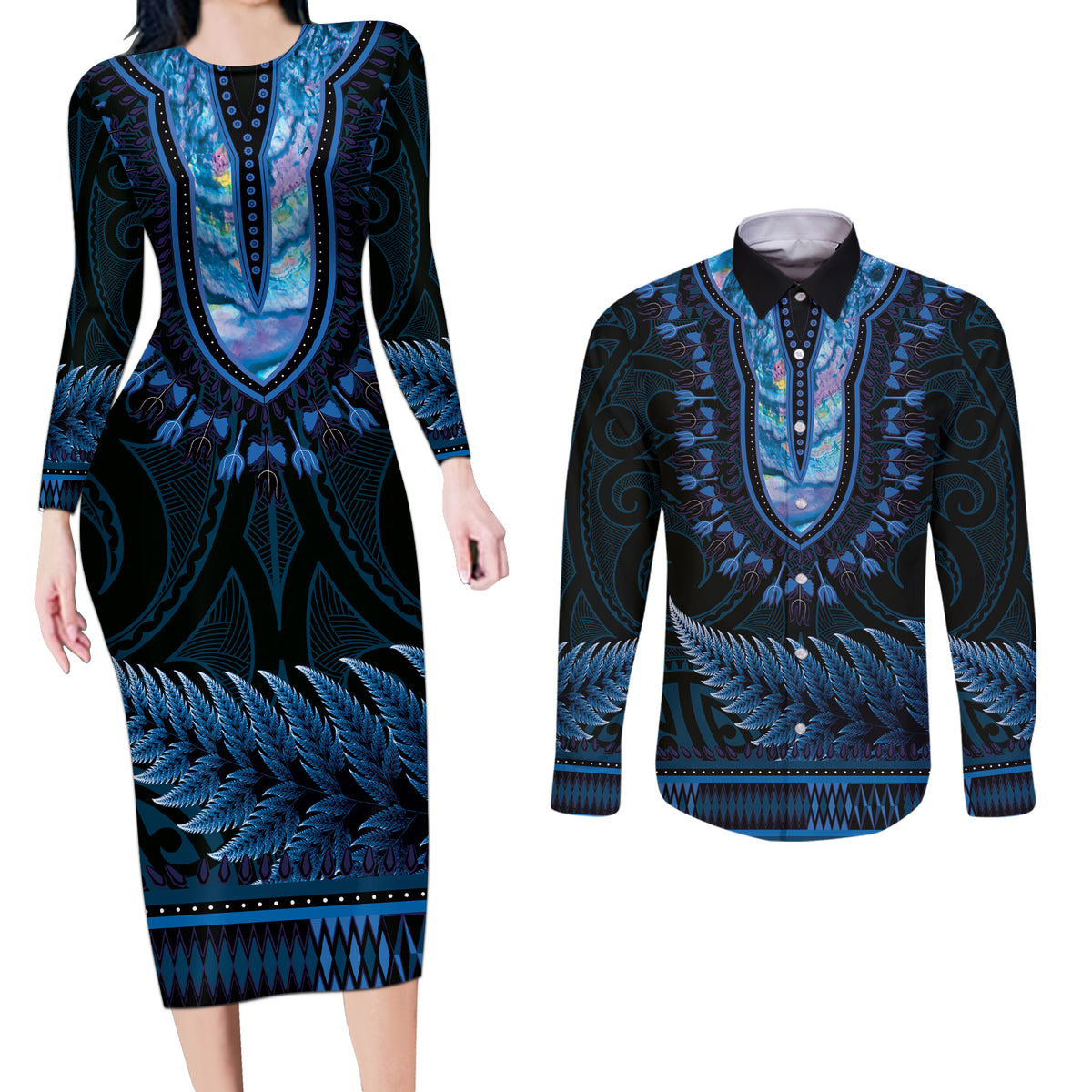 Blue African Dashiki With Aotearoa Maori Couples Matching Long Sleeve Bodycon Dress and Long Sleeve Button Shirt Paua Shell Mix Silver Fern LT14 Blue - Polynesian Pride