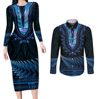 Blue African Dashiki With Aotearoa Maori Couples Matching Long Sleeve Bodycon Dress and Long Sleeve Button Shirt Paua Shell Mix Silver Fern LT14 Blue - Polynesian Pride