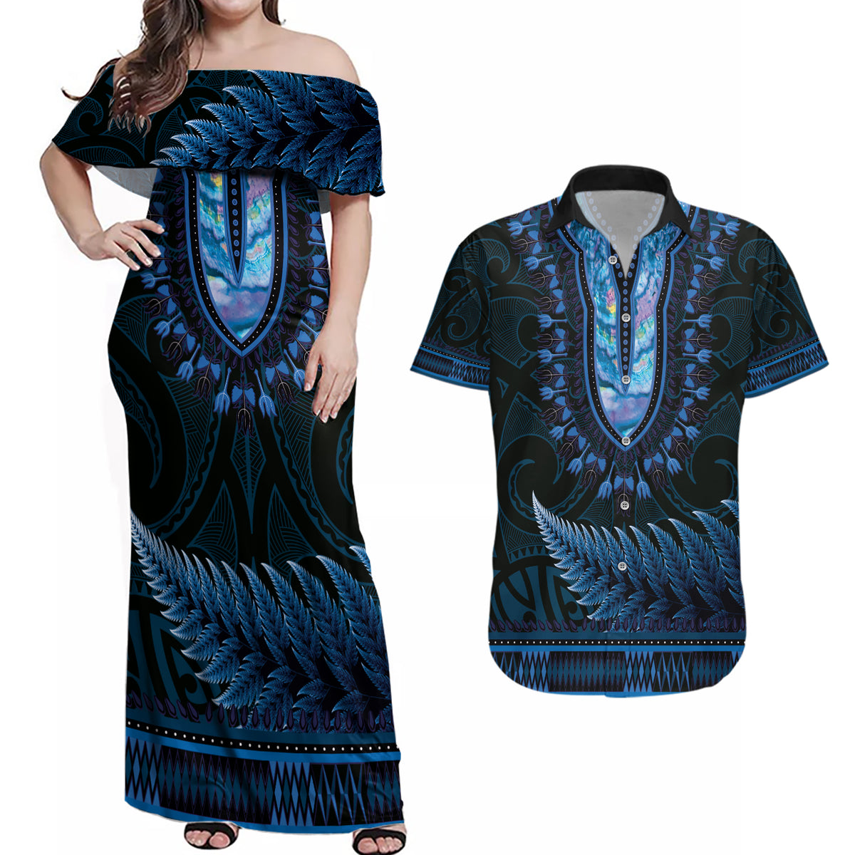 Blue African Dashiki With Aotearoa Maori Couples Matching Off Shoulder Maxi Dress and Hawaiian Shirt Paua Shell Mix Silver Fern LT14 Blue - Polynesian Pride