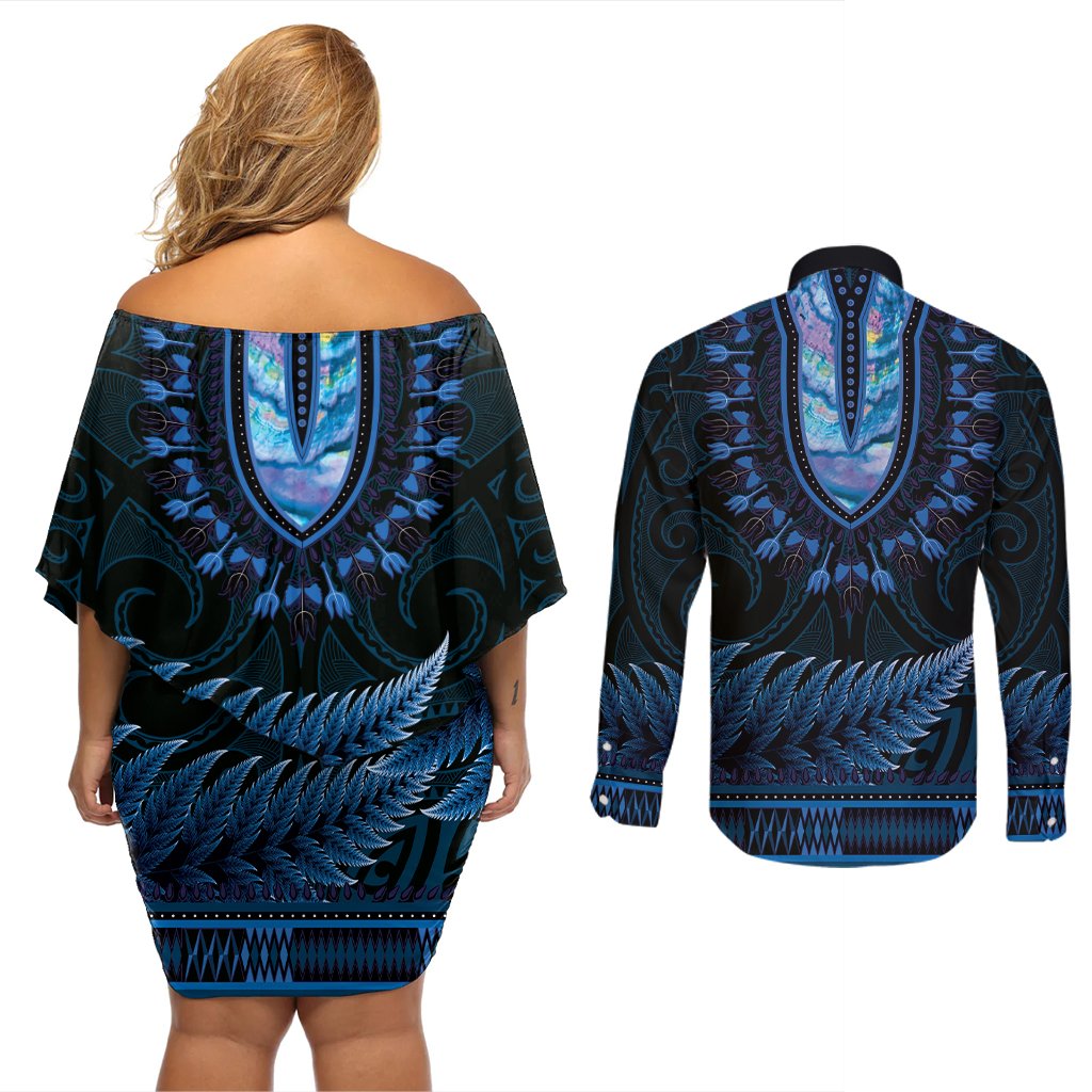Blue African Dashiki With Aotearoa Maori Couples Matching Off Shoulder Short Dress and Long Sleeve Button Shirt Paua Shell Mix Silver Fern LT14 - Polynesian Pride