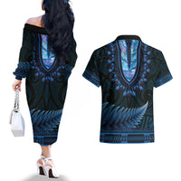 Blue African Dashiki With Aotearoa Maori Couples Matching Off The Shoulder Long Sleeve Dress and Hawaiian Shirt Paua Shell Mix Silver Fern LT14 - Polynesian Pride