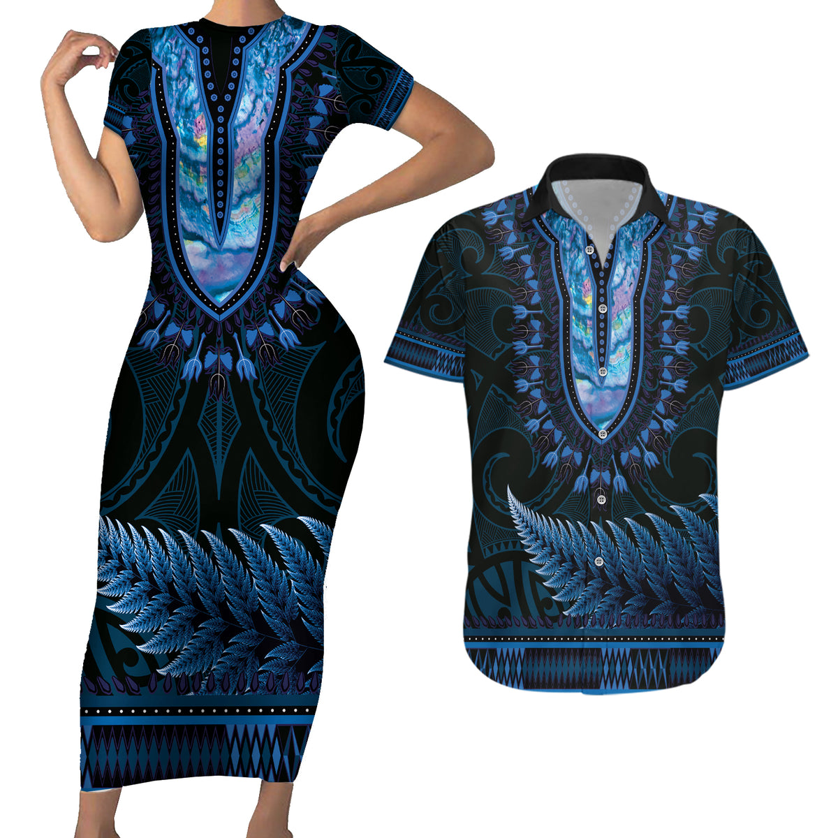 Blue African Dashiki With Aotearoa Maori Couples Matching Short Sleeve Bodycon Dress and Hawaiian Shirt Paua Shell Mix Silver Fern LT14 Blue - Polynesian Pride