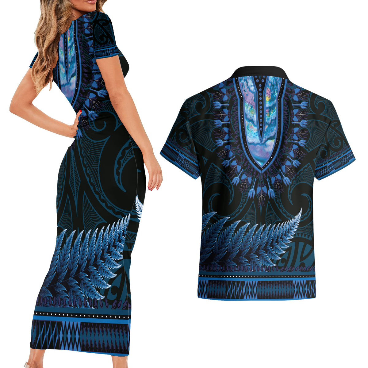 Blue African Dashiki With Aotearoa Maori Couples Matching Short Sleeve Bodycon Dress and Hawaiian Shirt Paua Shell Mix Silver Fern LT14 - Polynesian Pride