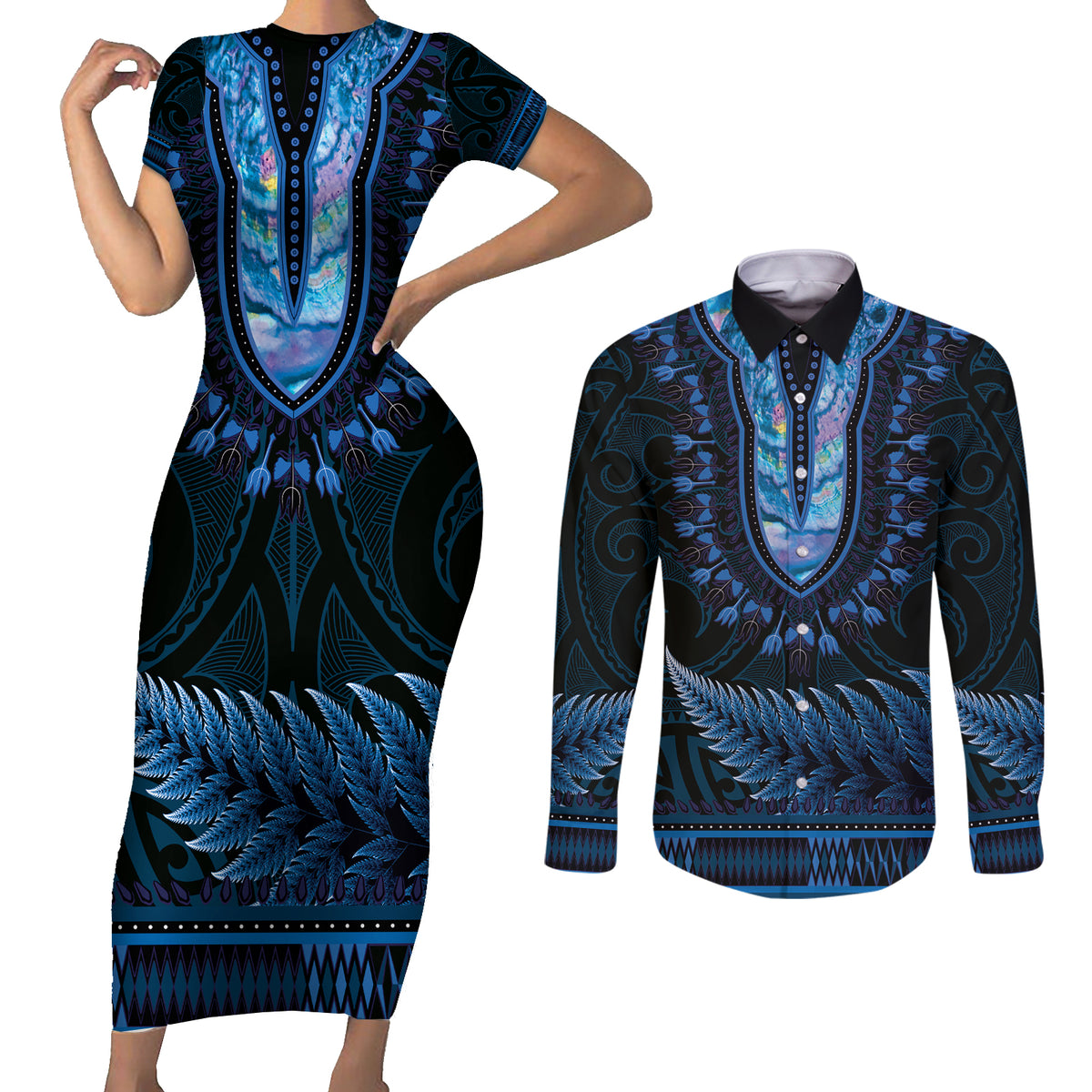 Blue African Dashiki With Aotearoa Maori Couples Matching Short Sleeve Bodycon Dress and Long Sleeve Button Shirt Paua Shell Mix Silver Fern LT14 Blue - Polynesian Pride