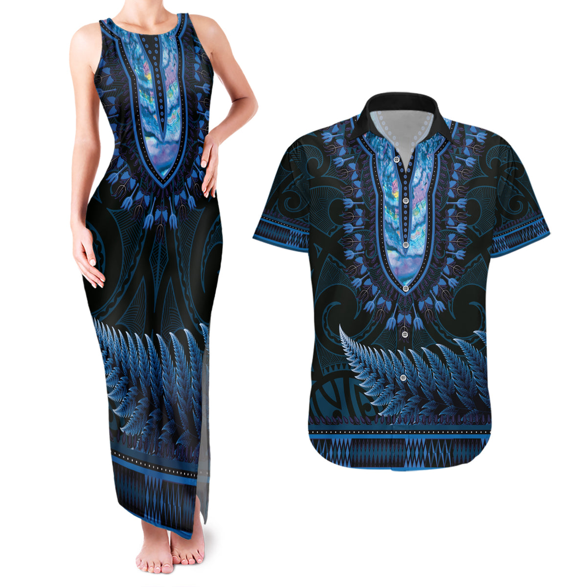 Blue African Dashiki With Aotearoa Maori Couples Matching Tank Maxi Dress and Hawaiian Shirt Paua Shell Mix Silver Fern LT14 Blue - Polynesian Pride
