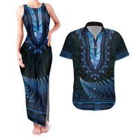Blue African Dashiki With Aotearoa Maori Couples Matching Tank Maxi Dress and Hawaiian Shirt Paua Shell Mix Silver Fern LT14 Blue - Polynesian Pride