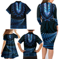 Blue African Dashiki With Aotearoa Maori Family Matching Long Sleeve Bodycon Dress and Hawaiian Shirt Paua Shell Mix Silver Fern LT14 - Polynesian Pride