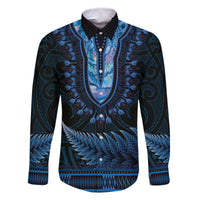 Blue African Dashiki With Aotearoa Maori Family Matching Long Sleeve Bodycon Dress and Hawaiian Shirt Paua Shell Mix Silver Fern LT14 Dad's Shirt - Long Sleeve Blue - Polynesian Pride