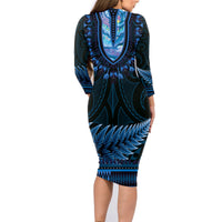 Blue African Dashiki With Aotearoa Maori Family Matching Long Sleeve Bodycon Dress and Hawaiian Shirt Paua Shell Mix Silver Fern LT14 - Polynesian Pride