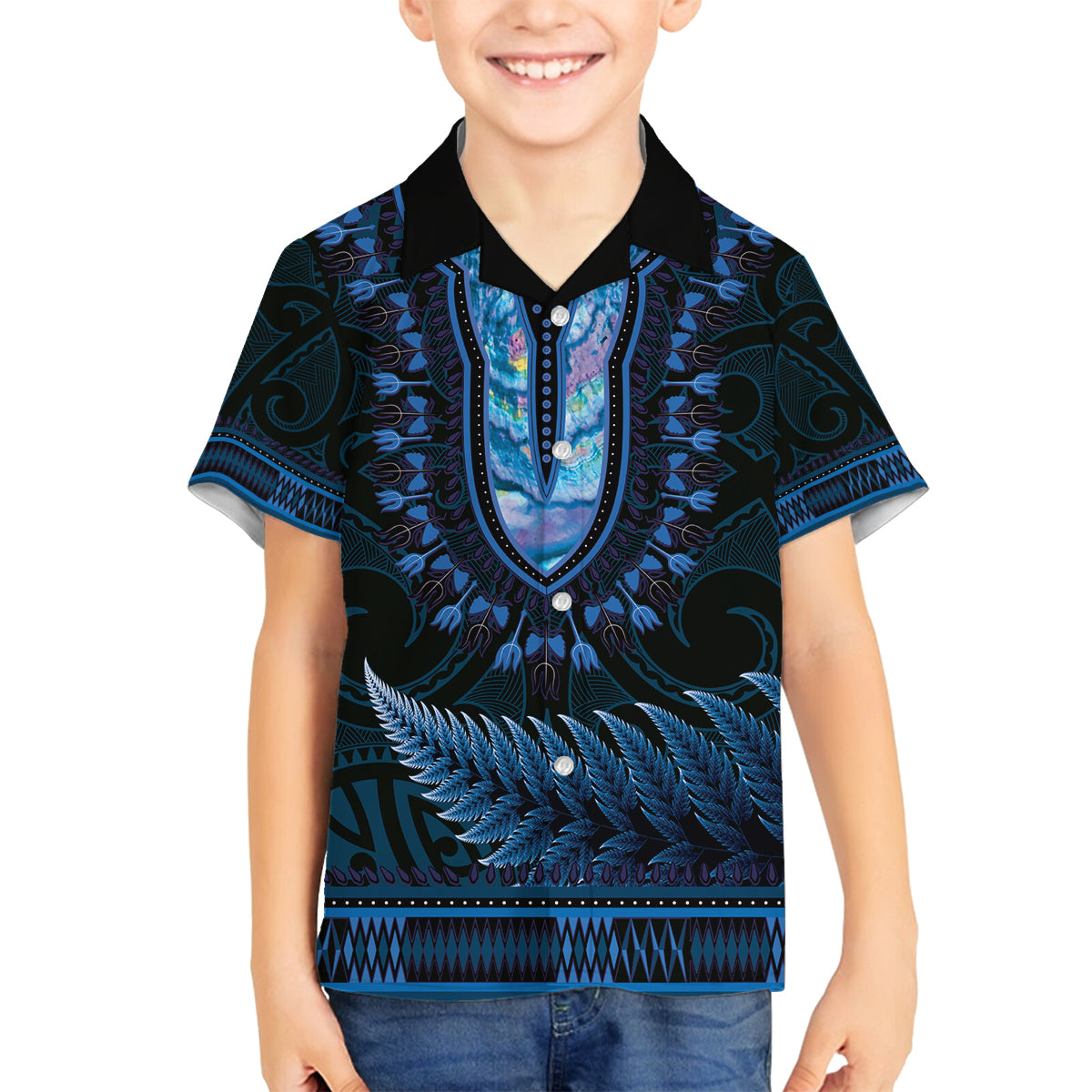 Blue African Dashiki With Aotearoa Maori Family Matching Long Sleeve Bodycon Dress and Hawaiian Shirt Paua Shell Mix Silver Fern LT14 Son's Shirt Blue - Polynesian Pride