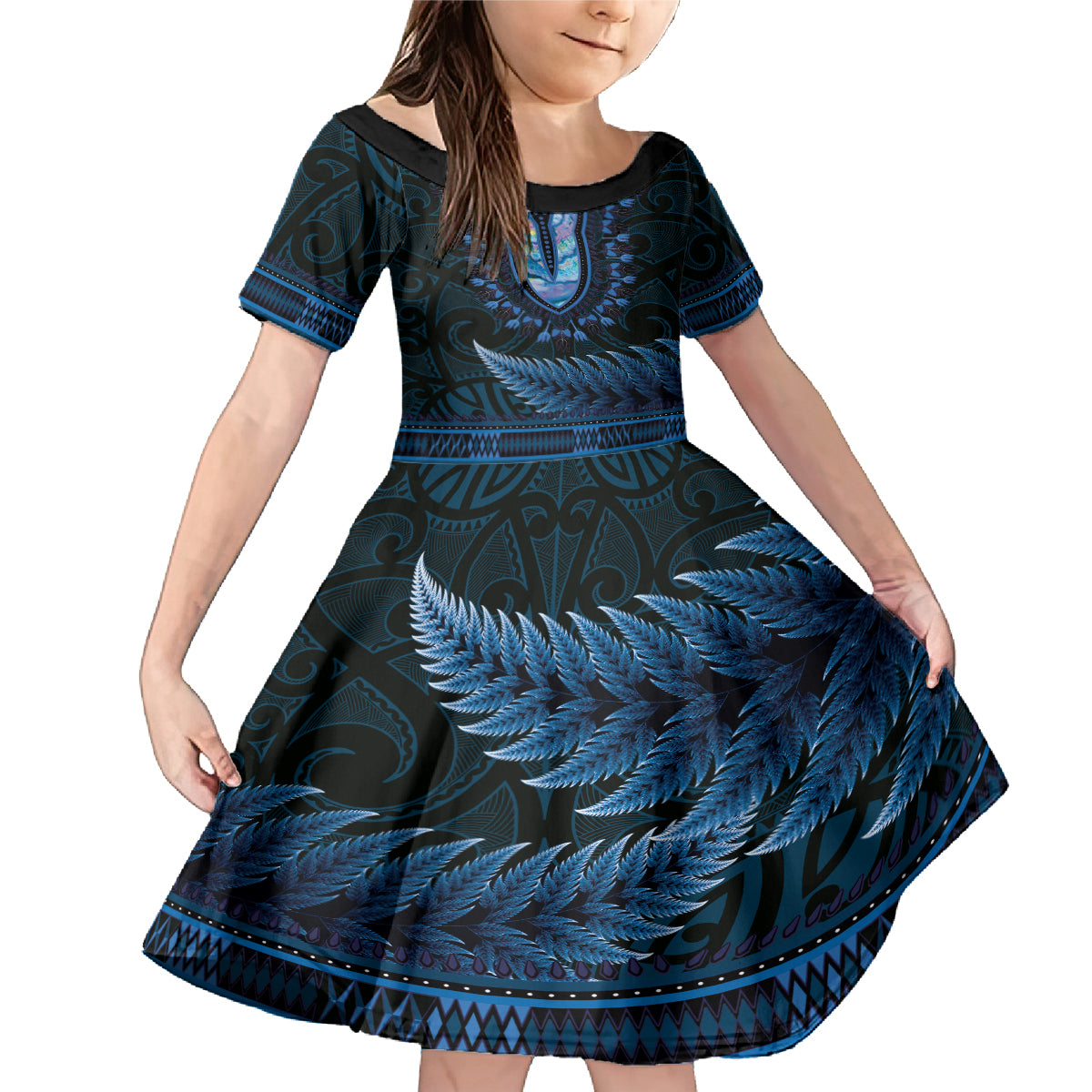 Blue African Dashiki With Aotearoa Maori Family Matching Mermaid Dress and Hawaiian Shirt Paua Shell Mix Silver Fern LT14 Daughter's Dress Blue - Polynesian Pride
