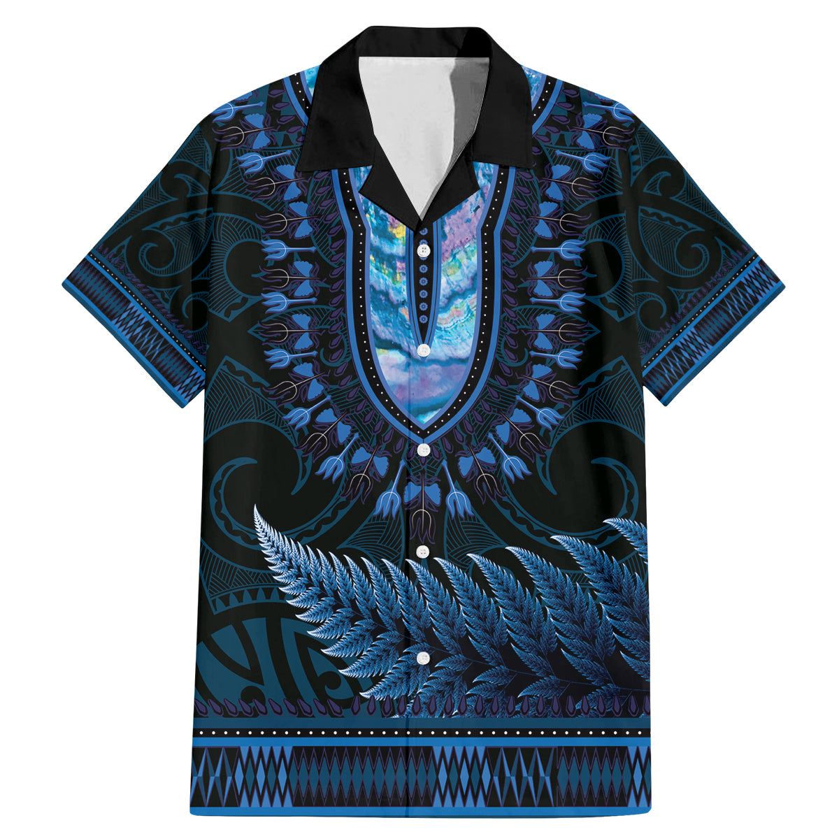 Blue African Dashiki With Aotearoa Maori Family Matching Mermaid Dress and Hawaiian Shirt Paua Shell Mix Silver Fern LT14 Dad's Shirt - Short Sleeve Blue - Polynesian Pride