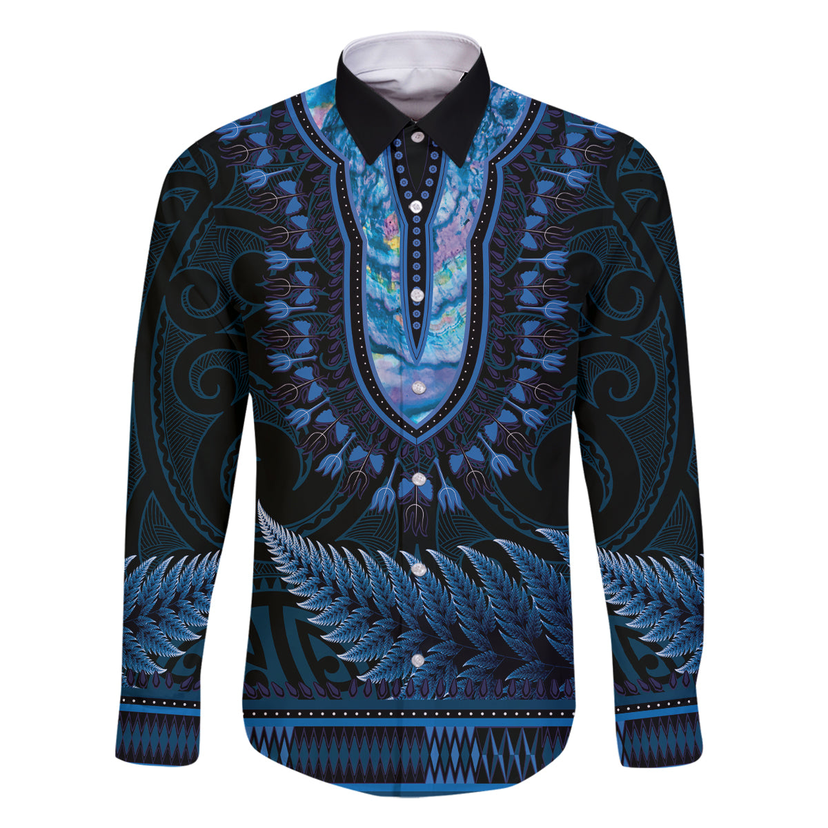 Blue African Dashiki With Aotearoa Maori Family Matching Mermaid Dress and Hawaiian Shirt Paua Shell Mix Silver Fern LT14 Dad's Shirt - Long Sleeve Blue - Polynesian Pride