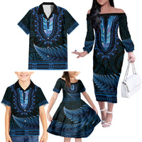 Blue African Dashiki With Aotearoa Maori Family Matching Off The Shoulder Long Sleeve Dress and Hawaiian Shirt Paua Shell Mix Silver Fern LT14 - Polynesian Pride