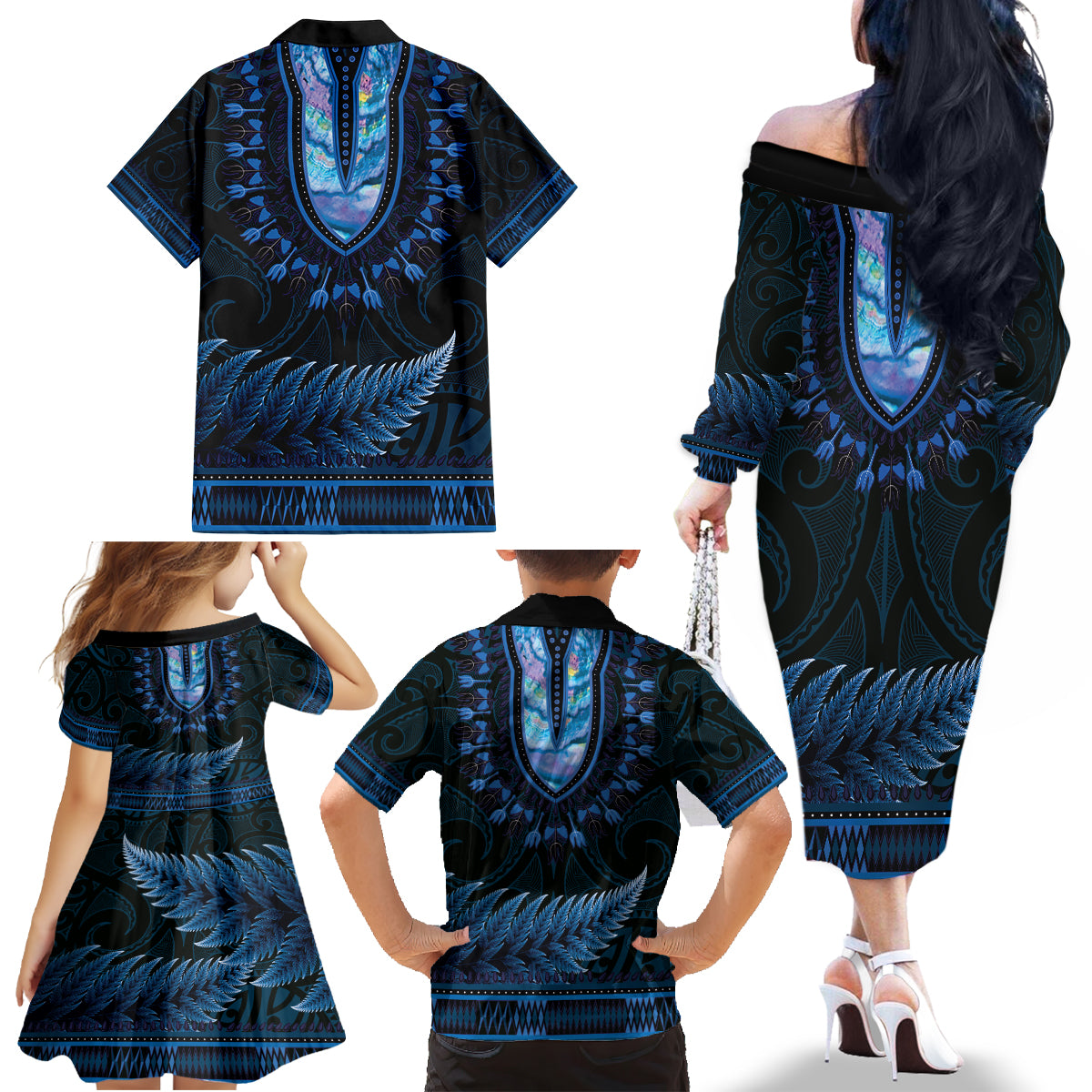 Blue African Dashiki With Aotearoa Maori Family Matching Off The Shoulder Long Sleeve Dress and Hawaiian Shirt Paua Shell Mix Silver Fern LT14 - Polynesian Pride