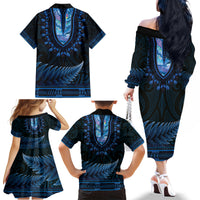 Blue African Dashiki With Aotearoa Maori Family Matching Off The Shoulder Long Sleeve Dress and Hawaiian Shirt Paua Shell Mix Silver Fern LT14 - Polynesian Pride