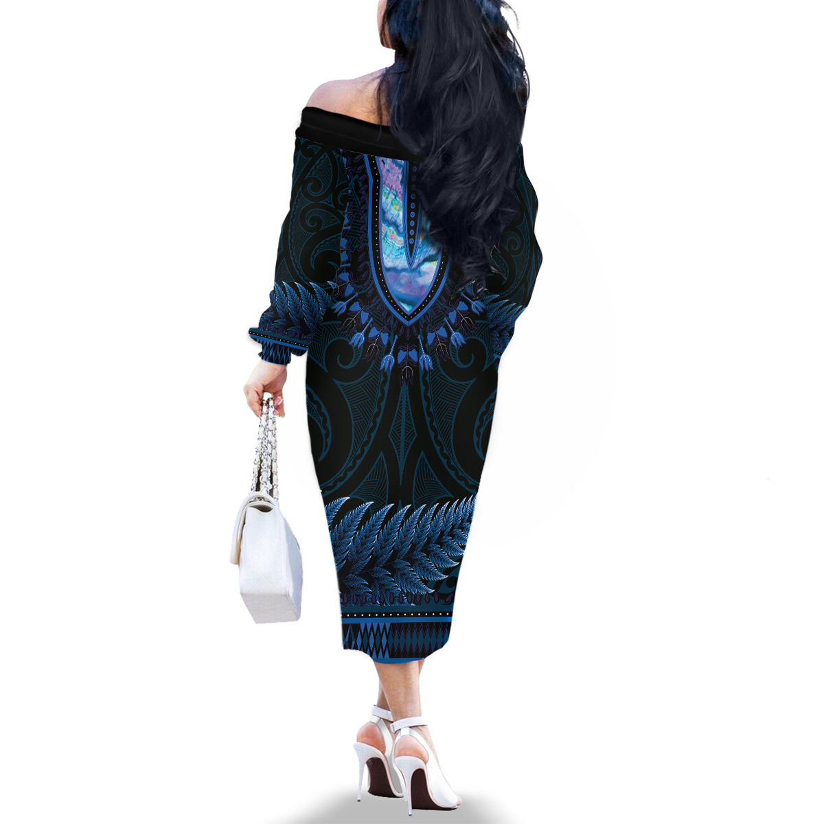Blue African Dashiki With Aotearoa Maori Family Matching Off The Shoulder Long Sleeve Dress and Hawaiian Shirt Paua Shell Mix Silver Fern LT14 - Polynesian Pride
