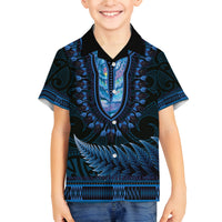 Blue African Dashiki With Aotearoa Maori Family Matching Off The Shoulder Long Sleeve Dress and Hawaiian Shirt Paua Shell Mix Silver Fern LT14 Son's Shirt Blue - Polynesian Pride