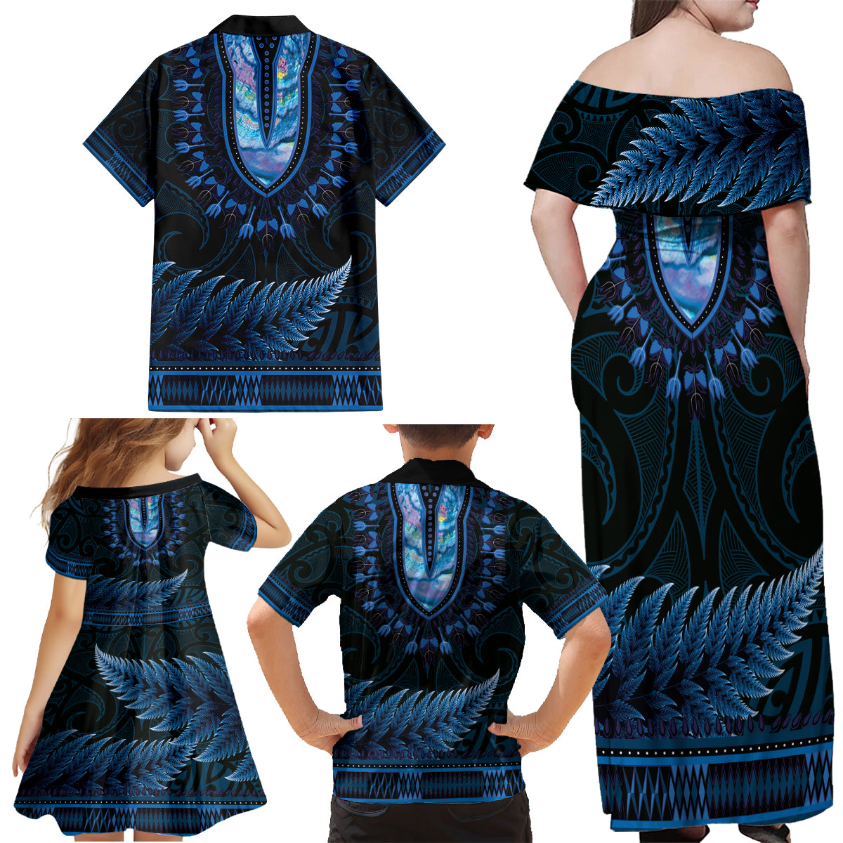 Blue African Dashiki With Aotearoa Maori Family Matching Off Shoulder Maxi Dress and Hawaiian Shirt Paua Shell Mix Silver Fern LT14 - Polynesian Pride