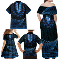 Blue African Dashiki With Aotearoa Maori Family Matching Off Shoulder Maxi Dress and Hawaiian Shirt Paua Shell Mix Silver Fern LT14 - Polynesian Pride